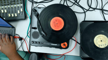 Overhead view of record player.